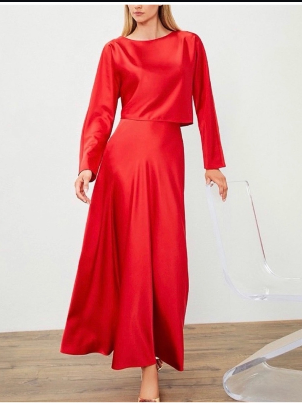 NWOT ANTONIO MELANI Red Satin Maxi Skirt and Top Set